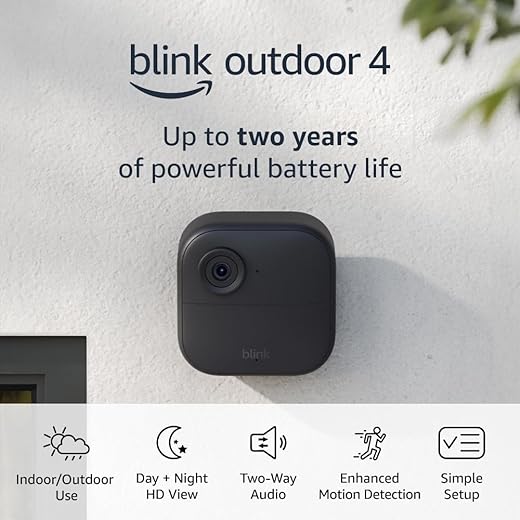 Top 6 Essential Security Cameras for Your Home Blink Outdoor 4 (4th Gen) – Wire-free smart security camera, two-year battery life, two-way audio, HD live view, enhanced motion detection, Works with Alexa – 2 camera system